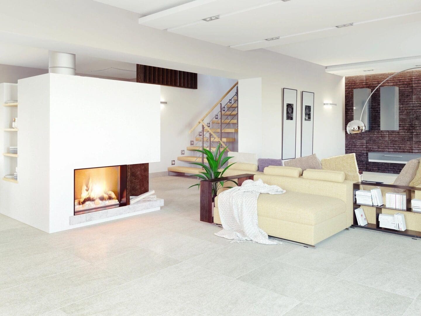 A living room with a fireplace and white walls