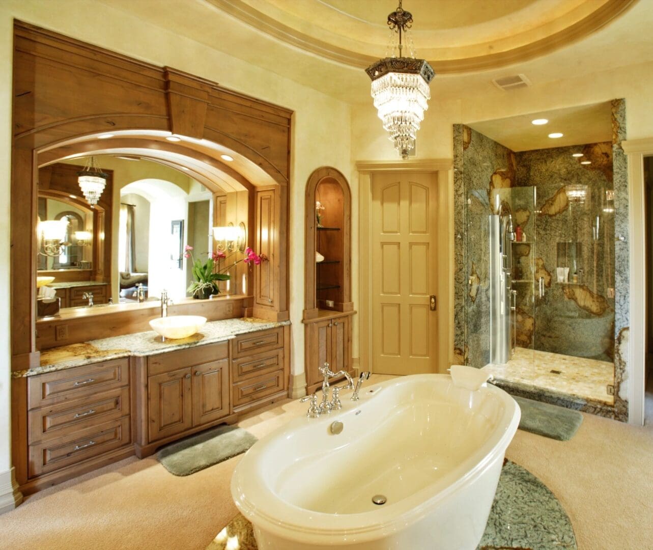 A large bathroom with a tub and shower.