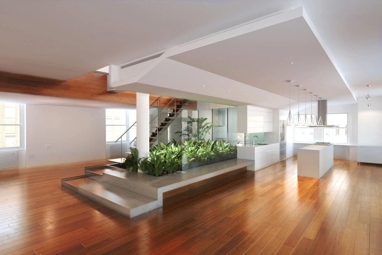 A large room with wooden floors and plants in the center.